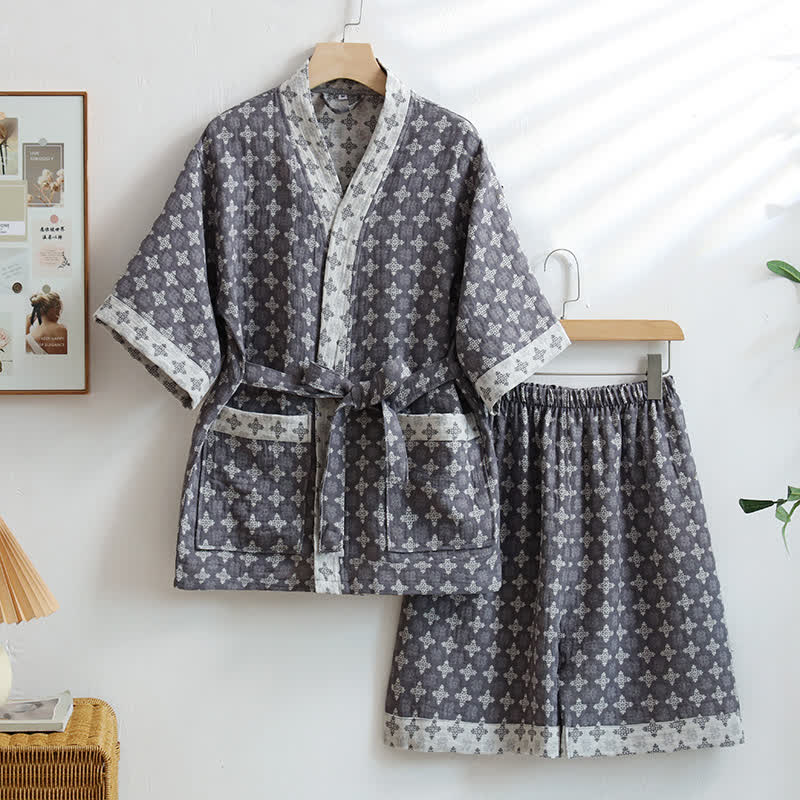 Unisex Red Geometric Cotton Kimono Loungewear - Grey - XXL - image 6