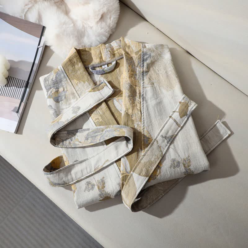 Unisex Yellow Floral Cotton Gauze Bathrobe - image 2