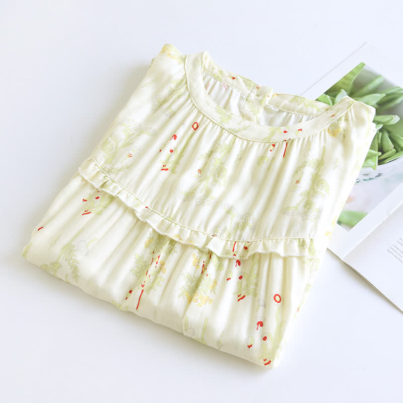 Ruffle Neck Green Floral Cotton Nightgown - image 1