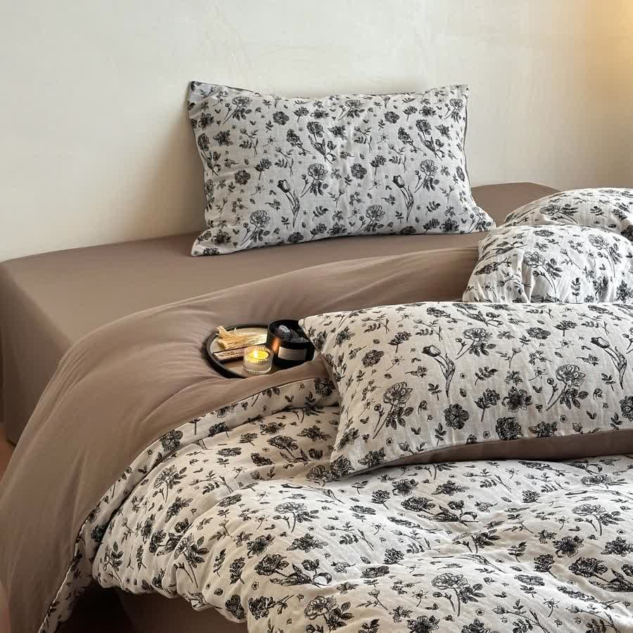 Black Floral Natural Cotton Bedding Set(4PCS) - image 5