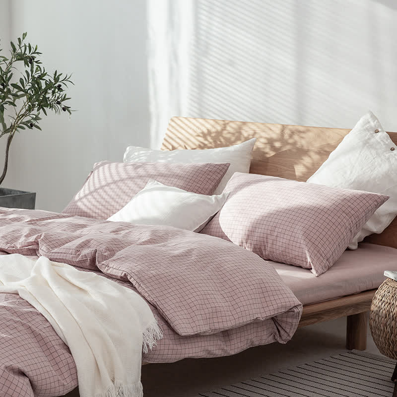 Minimalist Grid Pattern Cotton Dorm Bedding Set - White - Cal King - image 5