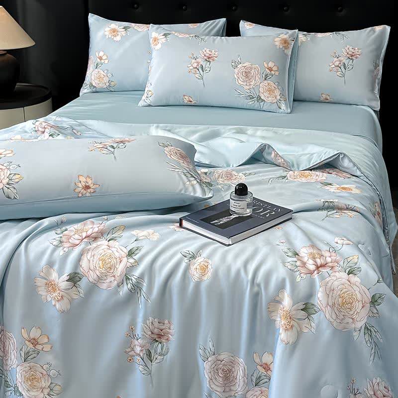 Blue Camellia Print Silky Natural Quilt - image 2