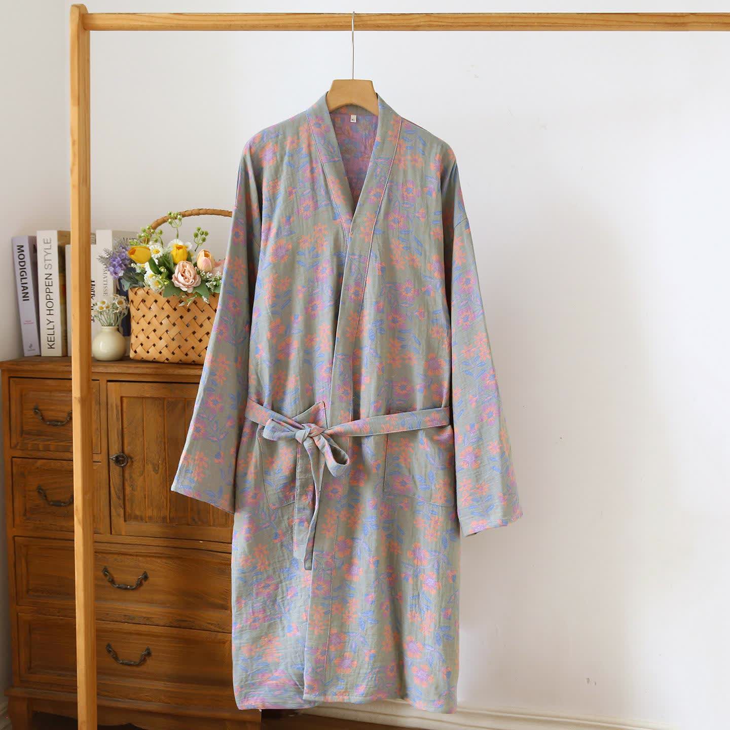 Daffodil Cotton Japanese Kimono Robe - Light Green - L - image 1