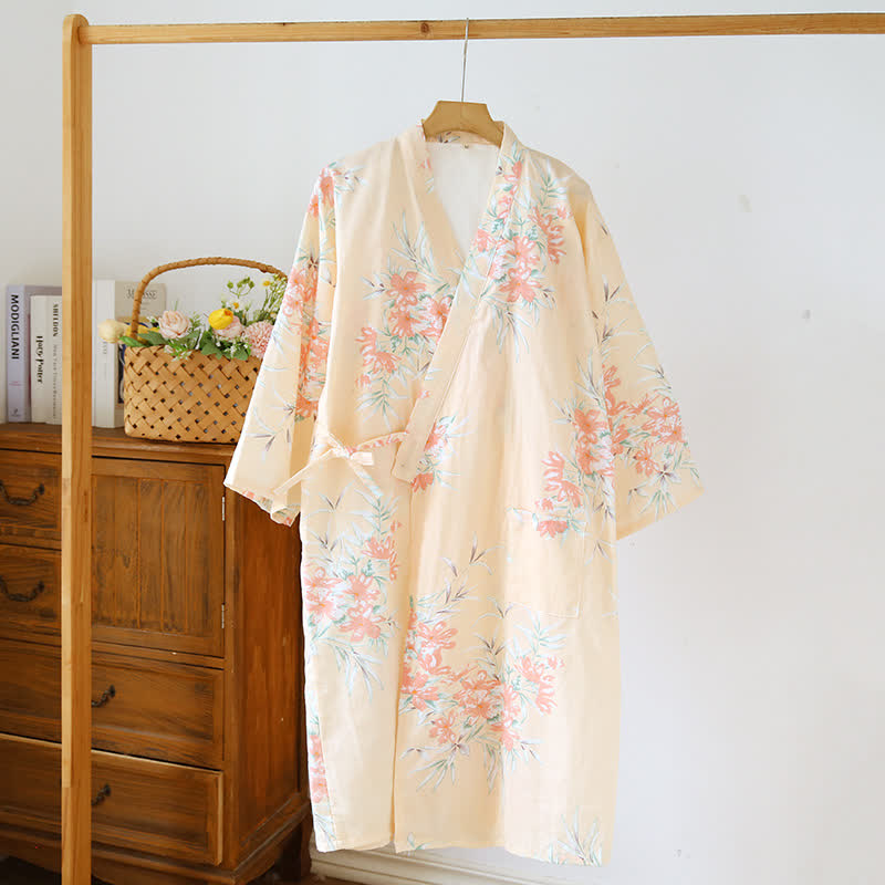 Peach Blossom Cotton Japanese Kimono Robe - Orange - L - image 13