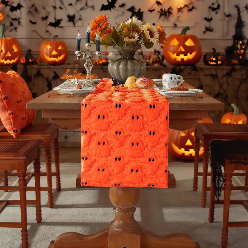 Halloween Plush Ghost Embroidered Table Runner - Orange - 14" x 130" - image 14