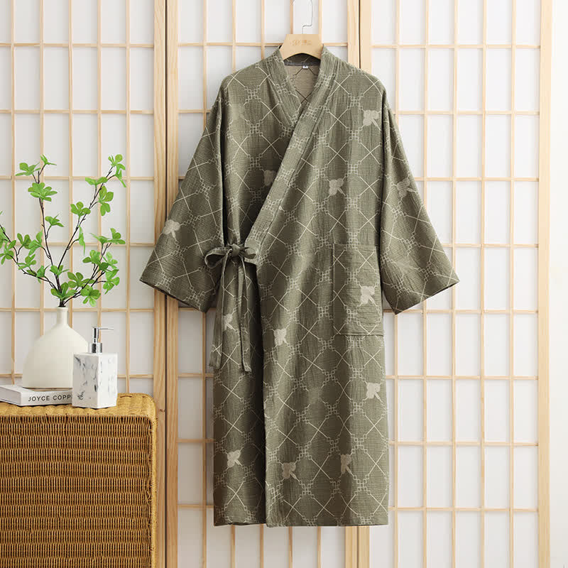 Unisex Diamond Plaid Cotton Pocket Bathrobe - Green - XL - image 1