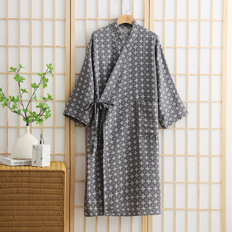 Unisex Geometric Pattern Cotton Pocket Bathrobe - Grey - XL - image 5