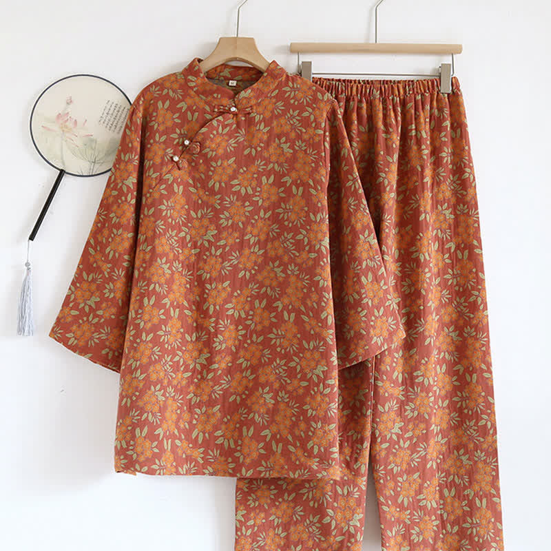 Orange Floral Jacquard Cotton Gauze Pajamas - XL - image 0
