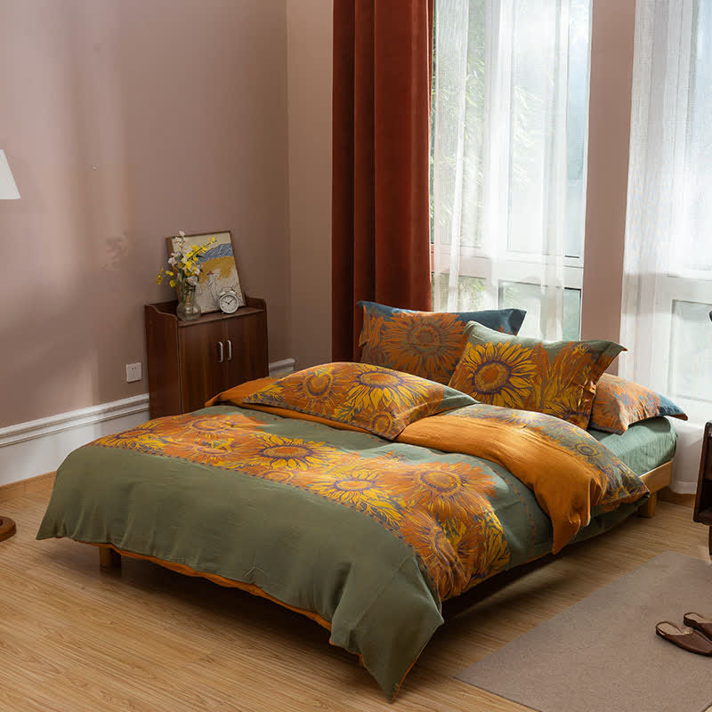 Pastoral Sunflower Jacquard Cotton Bedding Set(4PCS) - Green & Orange - King - image 6