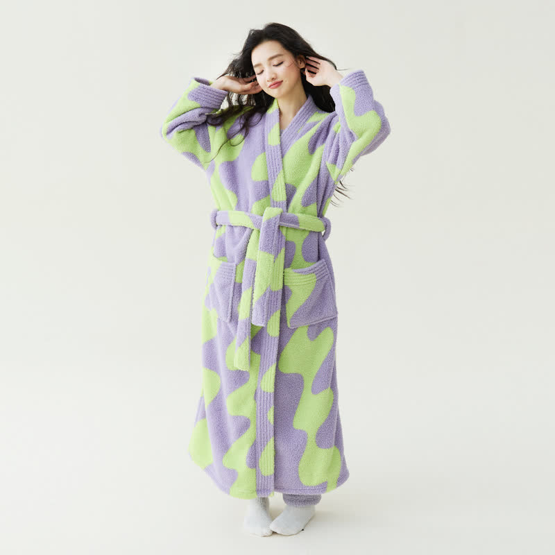 Colorblock Wave Pattern Plush Robe - Green & Light Purple - XL - image 1