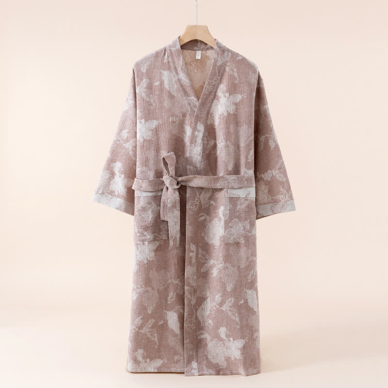 Floral Cotton Linen Kimono Robe - Khaki - One Size - image 9