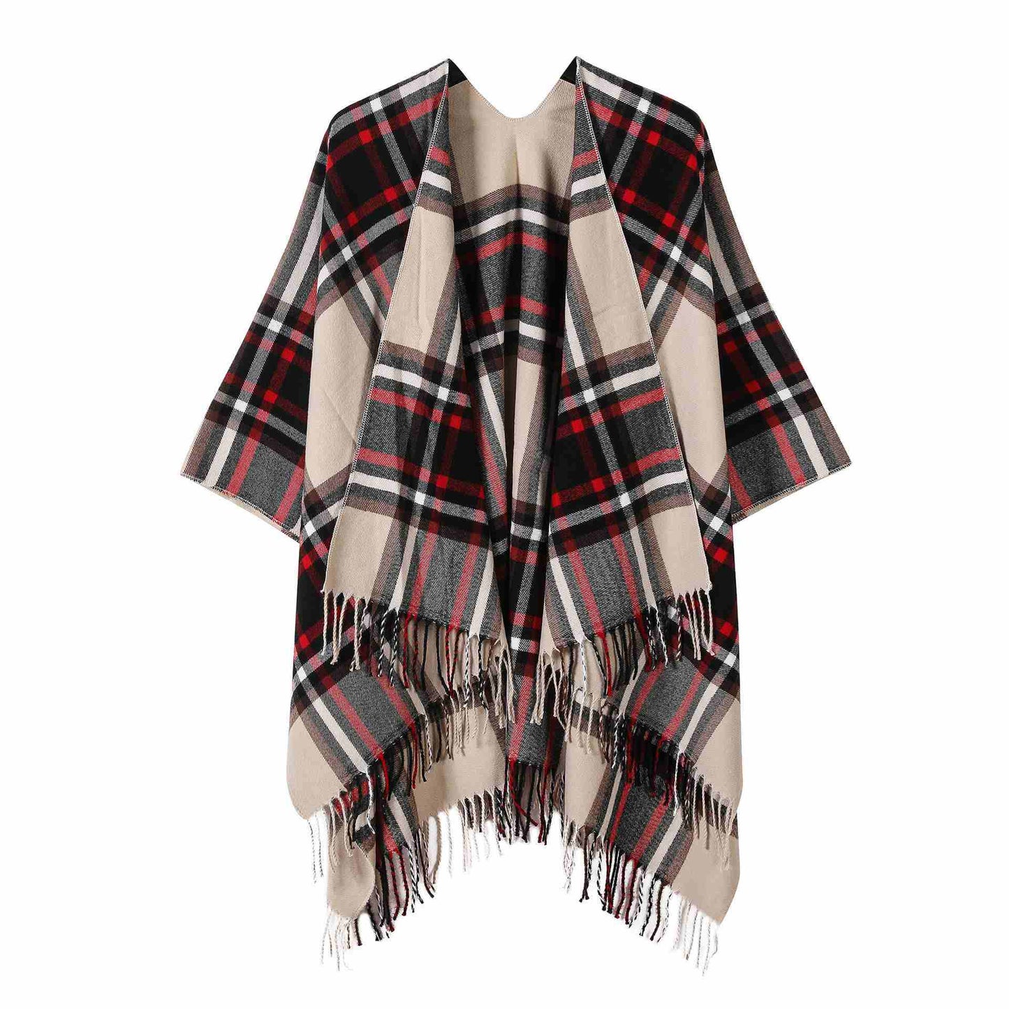 Classic Plaid Tassel Shawl Cape - Beige - 53"W x 63"L - image 7