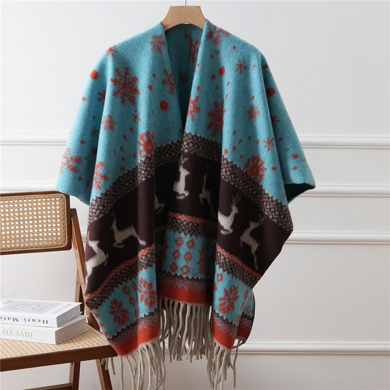 Elk Snowflake Tassel Shawl Cape - Blue - 43" x 67" - image 5