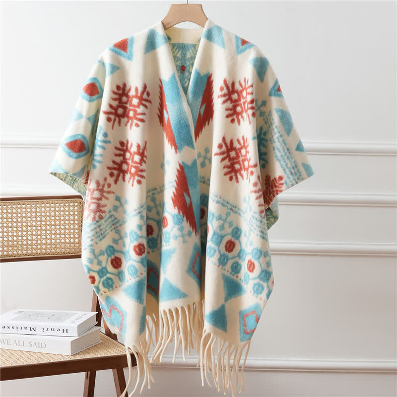 Ethnic Style Tassel Shawl Cape - Light Blue - 43" x 67" - image 5