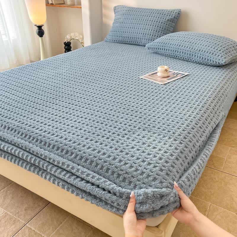 Waffle Textured Fleece Warm Fitted Sheet - Haze Blue - Sheet with 2PCS Pillowcases - King - image 12