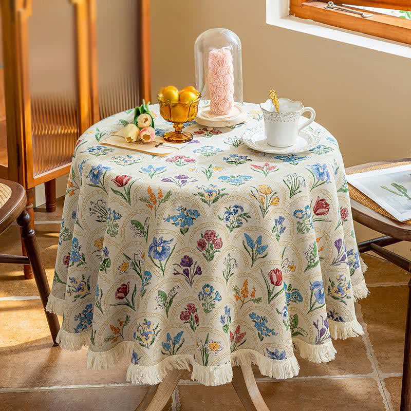 Vintage Blooming Bouquet Tassel Tablecloth - Beige - Round 55" - image 16
