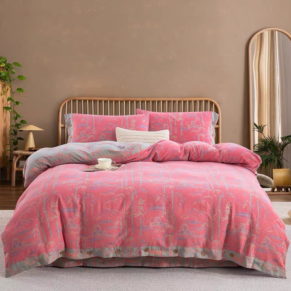 Bamboo Plant Cotton Gauze Reversible Bedding Set (4PCS) - Pink - King - image 17