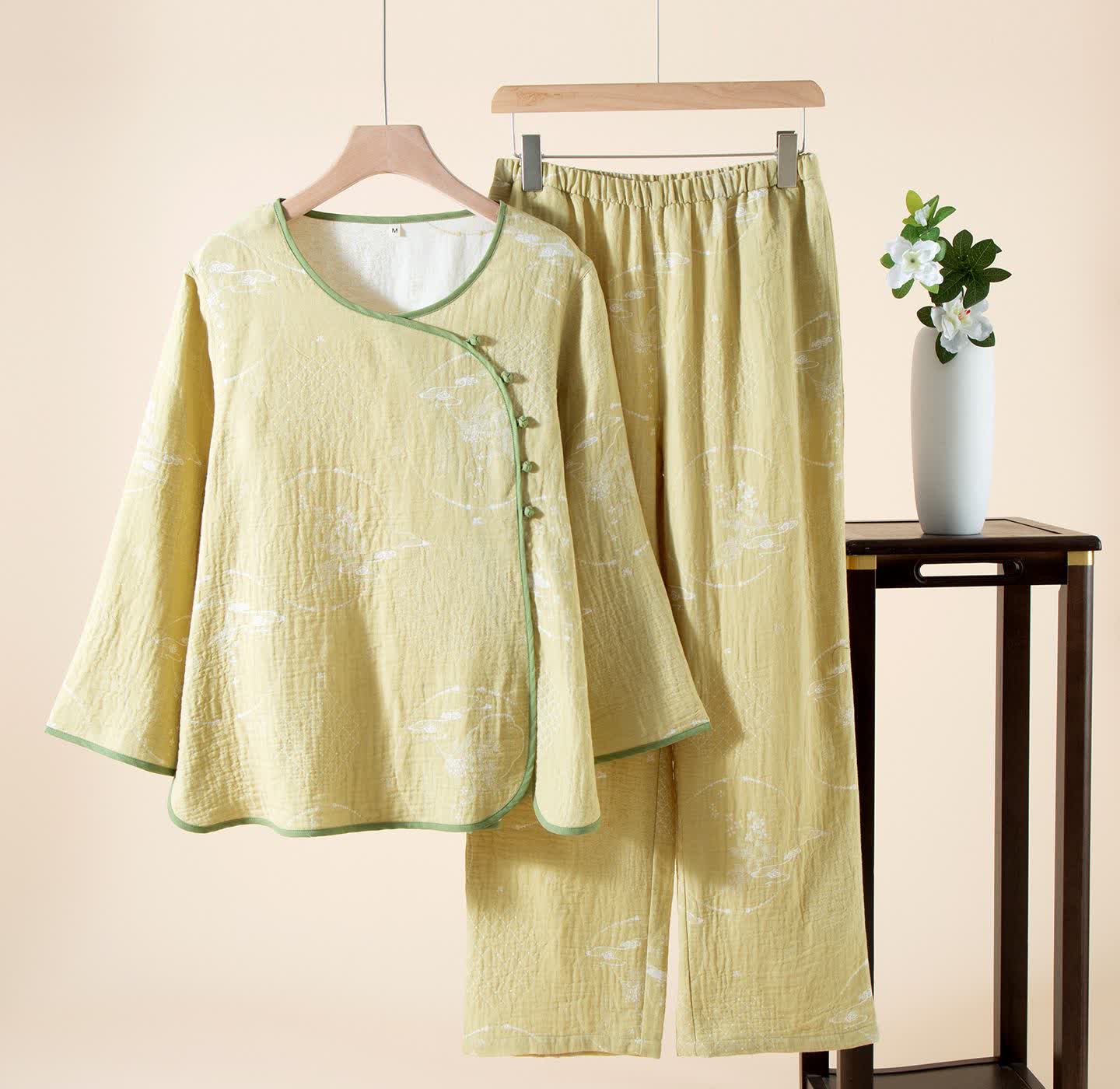 Ownkoti Oriental Retro Jacquard Cotton Gauze Loungewear - Green - XL - image 6