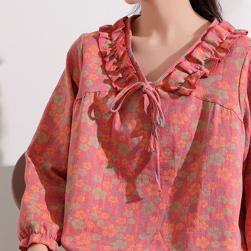 Ownkoti Pink Floral Jacquard Ruffled Cotton Loungewear - image 3