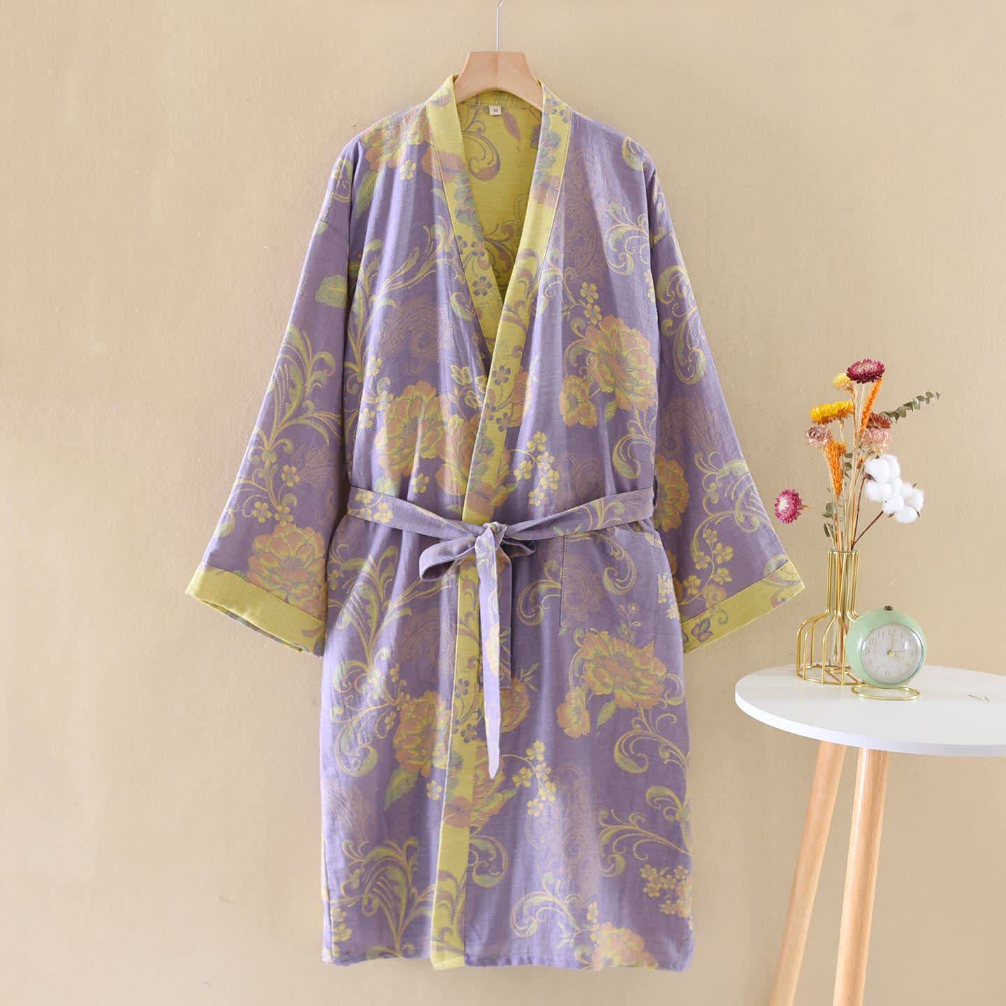 Luxurious Flowers Cotton Gauze Kimono Robe - Purple - XL - image 0