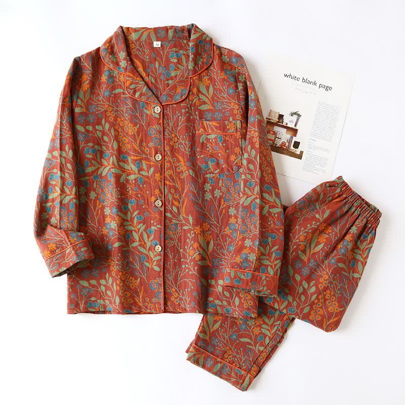 Vintage Leaf Cotton Lapel Loungewear Set - Red & Orange - 2XL - image 14