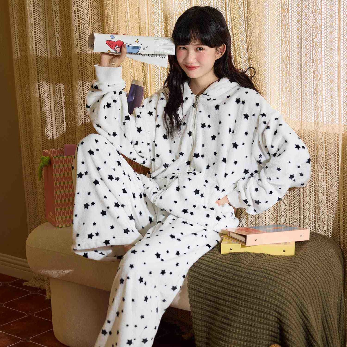 Bunny-Ear Hooded Zip-up Plush Loungewear Set - image 3