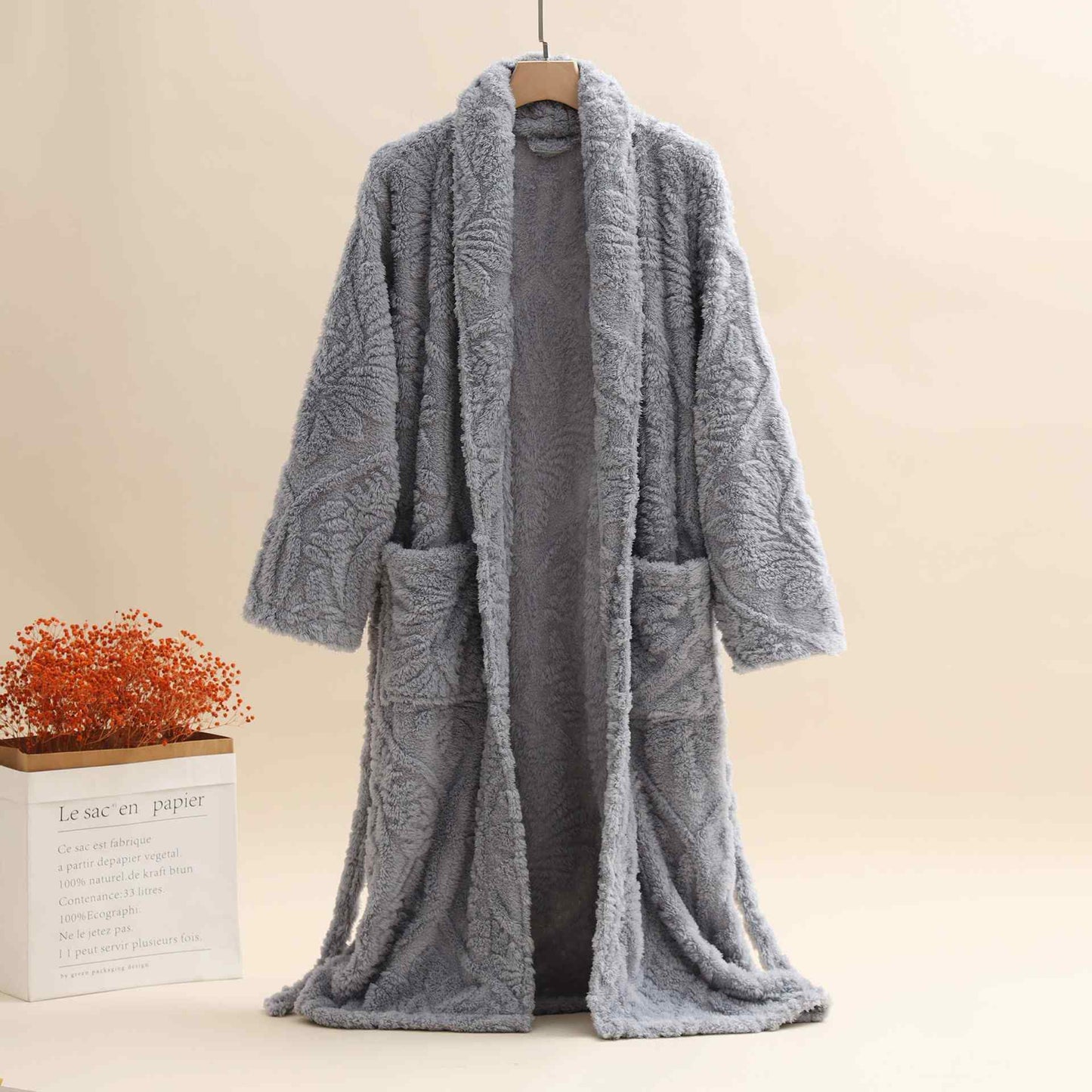 Unisex Retro Jacquard Plush Warm Bathrobe - Gray - XL - image 5