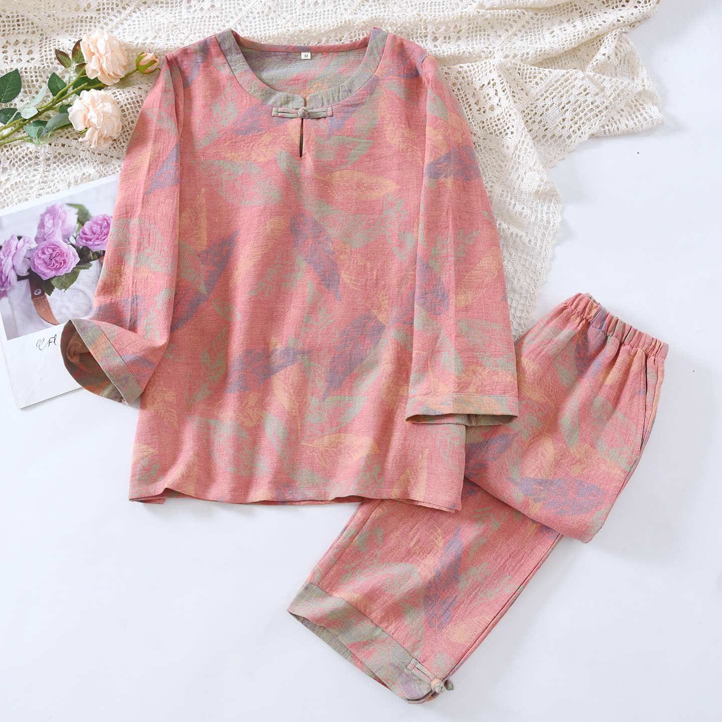 Oriental Style Leaf Pure Cotton Pajama Set - Pink - XL - image 9