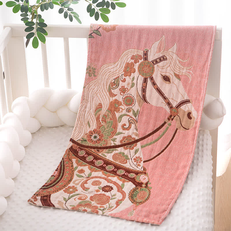 Floral Horse Cotton Gauze Towel - Pink - 14"W x 29"L - image 0
