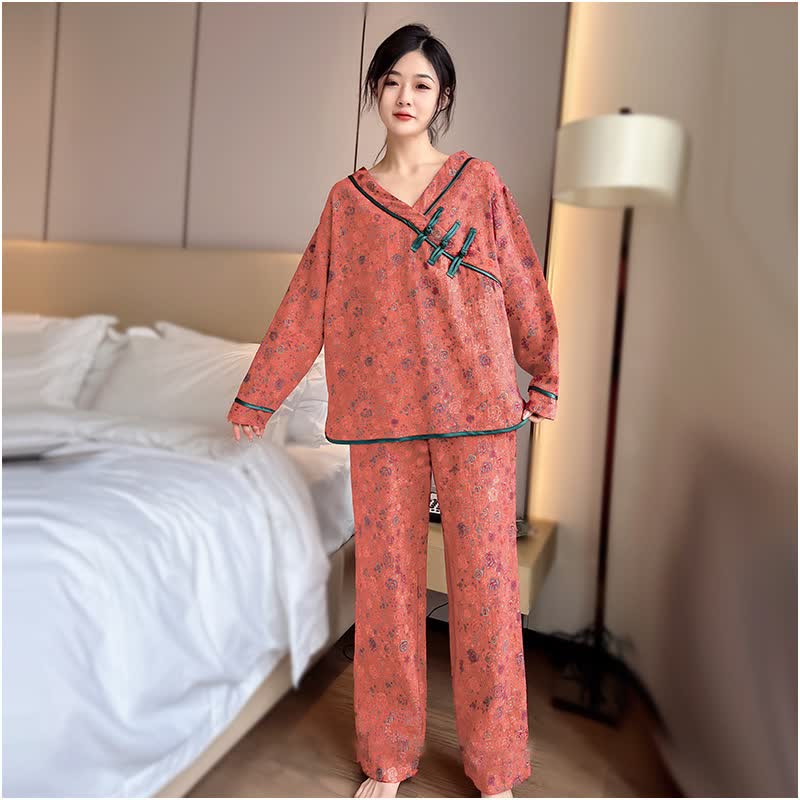 Plus Size Frog Button Rose Cotton Pajama Set - Coral Orange - 3XL - image 2