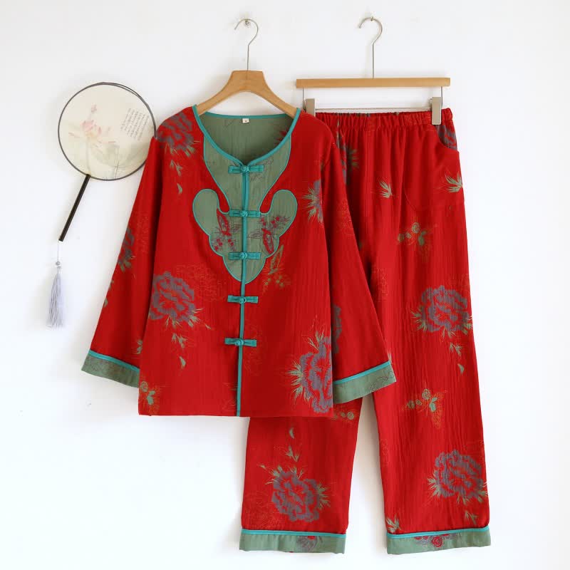 Oriental Style Peony Cotton Pajama Set - Red - XL - image 14