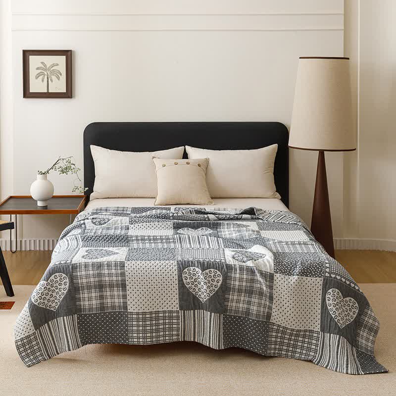 Patchwork Style Heart Cotton Gauze Quilt Blanket - Blue - Queen - image 9