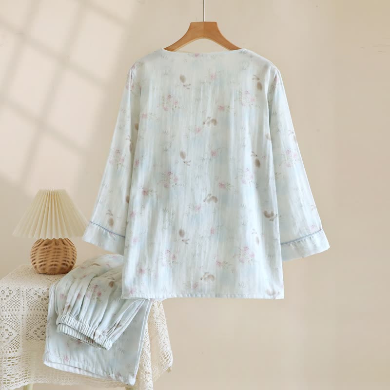 Elegant Bunny & Floral Cotton Gauze Pajama Set - image 2