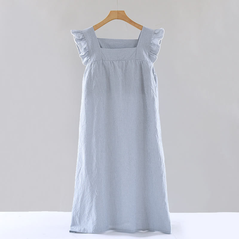 Gingham Flutter Sleeve Cotton Nightgown - Blue - XL - image 10