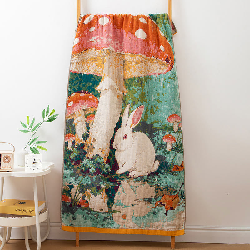 Mushroom & Bunny Cotton Gauze Bath Towel - Multicolor - 30"W × 59"L - image 0