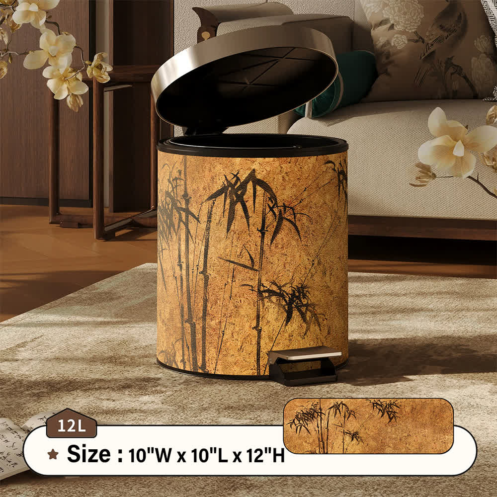 Oriental Zen Bamboo Print Leather Trash Can - Khaki - Foot-Pedal - 10"W x 10"L x 12"H - image 14