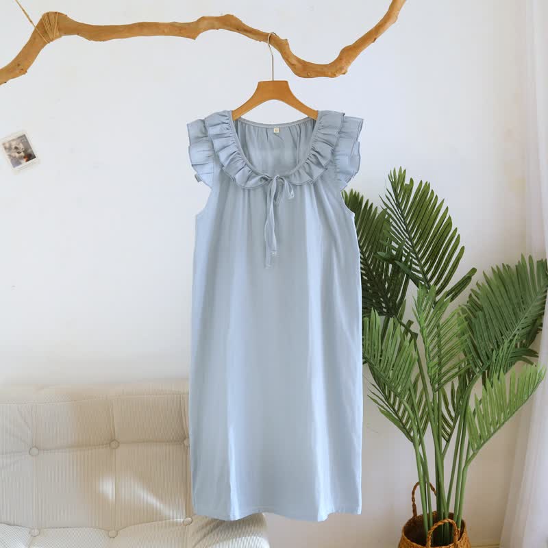 Cotton Gauze Solid Flutter Sleeve Nightdress - Blue - XL - image 14