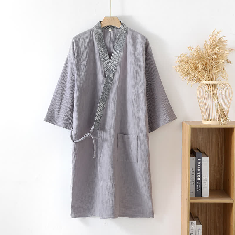 Ethnic Style Cotton Gauze Kimono Robe - Light Gray - XL - image 10