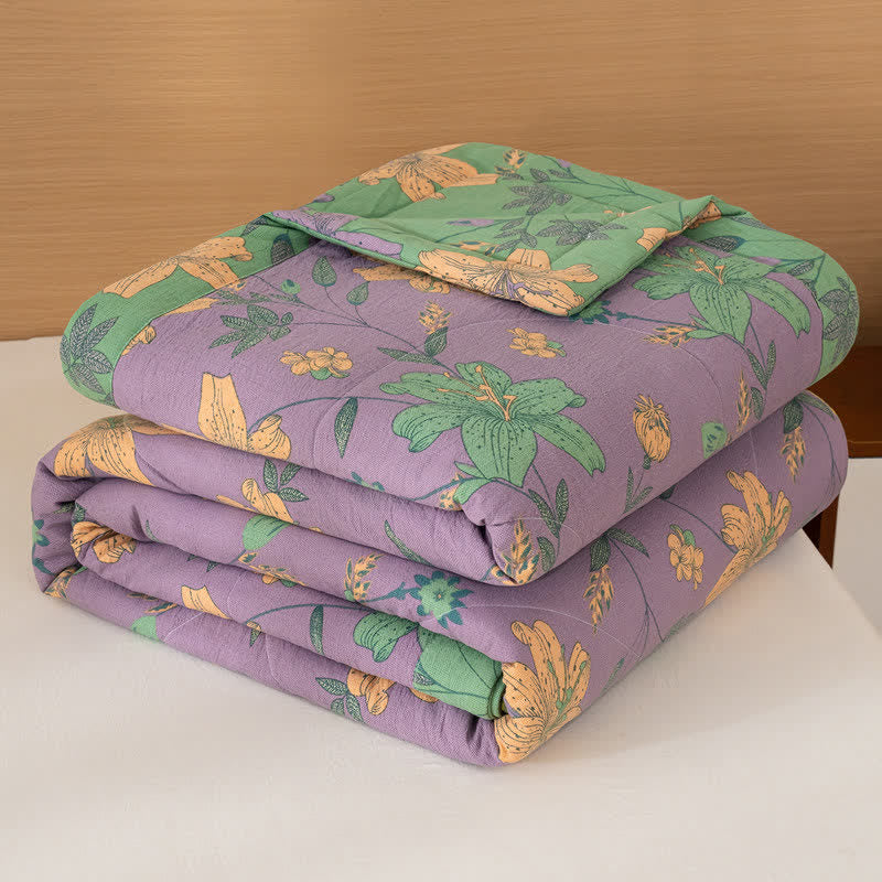 Lily Floral Print Cotton Linen Quilt - Purple - Queen - image 12