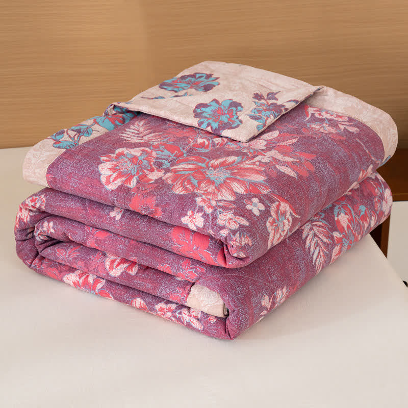 Spring-Inspired Floral Print Cotton Linen Quilt - Purple - Queen - image 3