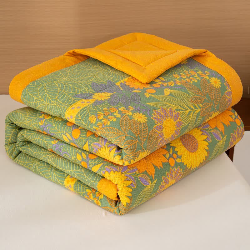 Daisy & Leaf Print Cotton Linen Quilt - Green - Queen - image 3
