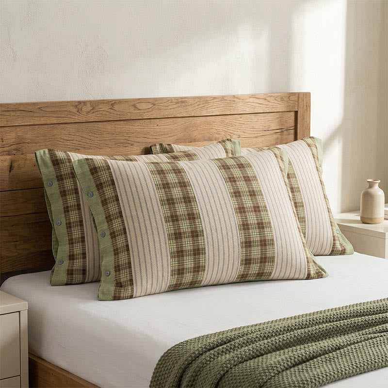 Plaid Stripe Pure Cotton Pillowcases (2PCS) - Green&Brown - 52cm x 76cm - image 2