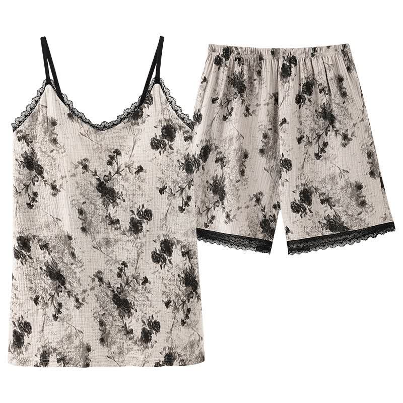 Black Floral Cotton Cami & Shorts Pajamas - image 9