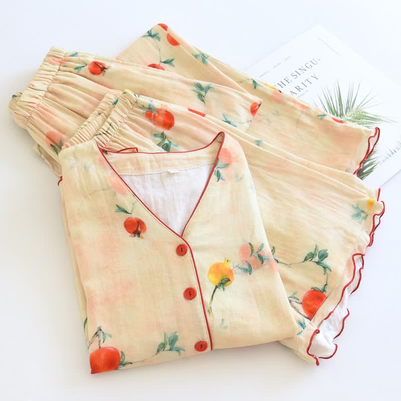 Pomegranate Print Cotton V-Neck Pajama Set(3PCS) - image 1