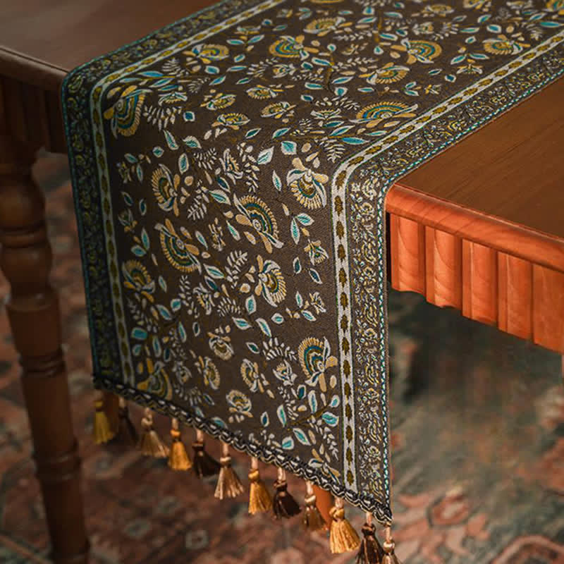 Vintage Branch Jacquard Tassel Table Runner - image 11