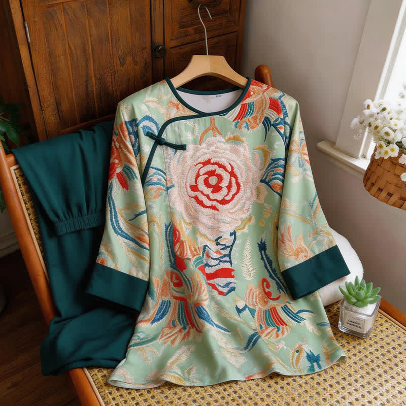 Retro Floral Eastern-Inspired Loungewear Set - image 11