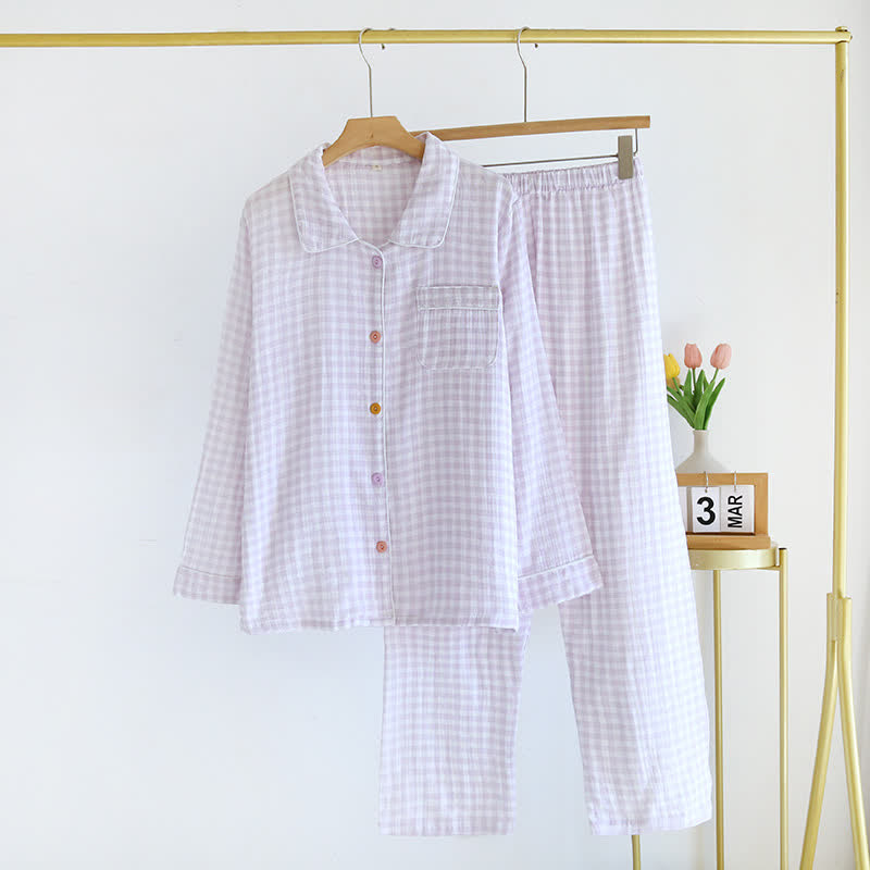 Gingham Pure Cotton Pajama Set - Purple - XL - image 16