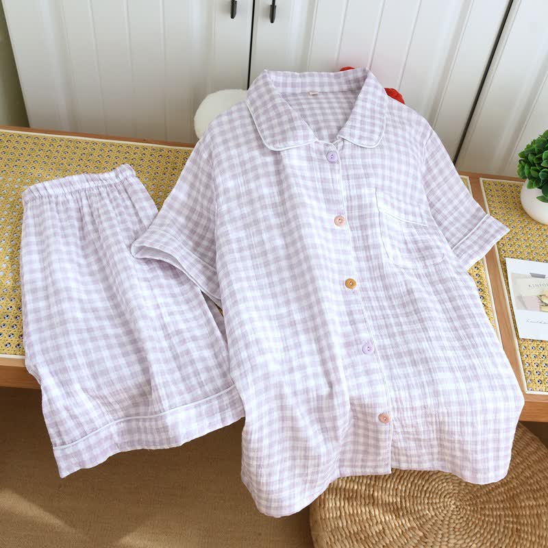 Gingham Cotton Gauze Pajamas with Colorful Buttons - Purple - XL - image 17