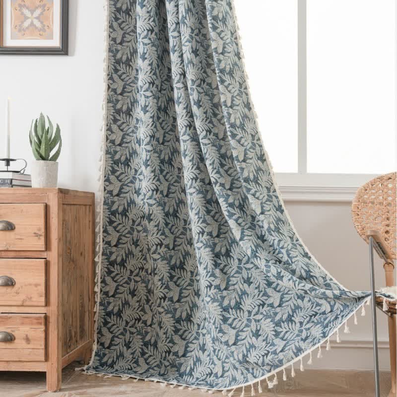 Vintage Leaf Jacquard Curtain with Tassel - Blue - Grommet - 59" x 118" - image 4