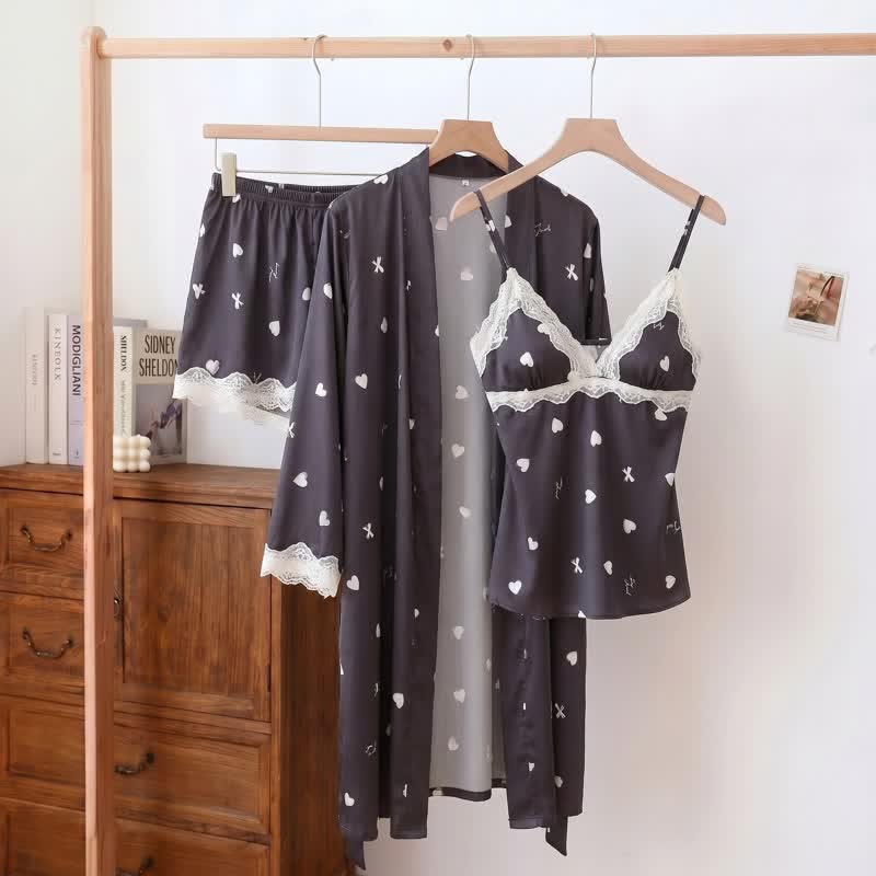 Heart & Bow Lace Trim Cami Pajama Set(3PCS) - Black - XL - image 2